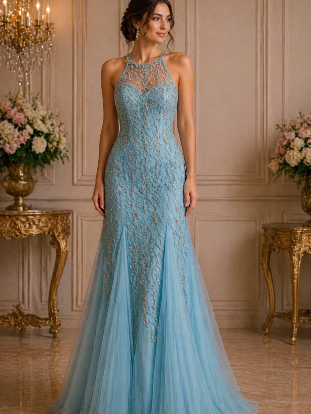 Colette for Mon Cheri beaded Light Blue Halter Prom Gown.